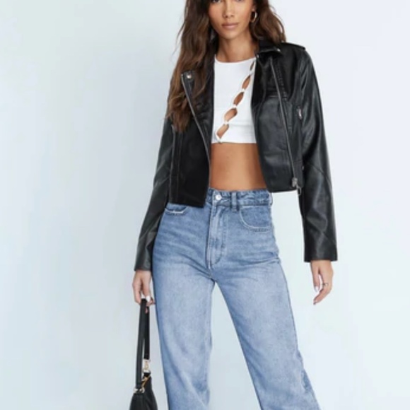 NWT Princess Polly Siana Cropped Black Faux Leather Jacket - Size L/XL - Picture 3 of 7